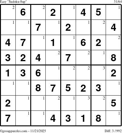 The grouppuzzles.com Easy Sudoku-8up puzzle for Friday November 21, 2025 with the first 3 steps marked