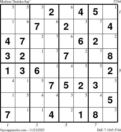 The grouppuzzles.com Medium Sudoku-8up puzzle for Friday November 21, 2025, suitable for printing, with all 7 steps marked
