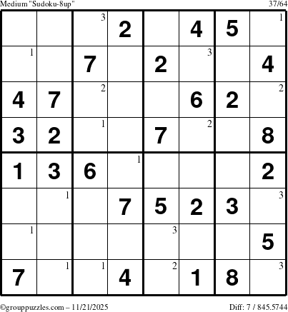 The grouppuzzles.com Medium Sudoku-8up puzzle for Friday November 21, 2025 with the first 3 steps marked