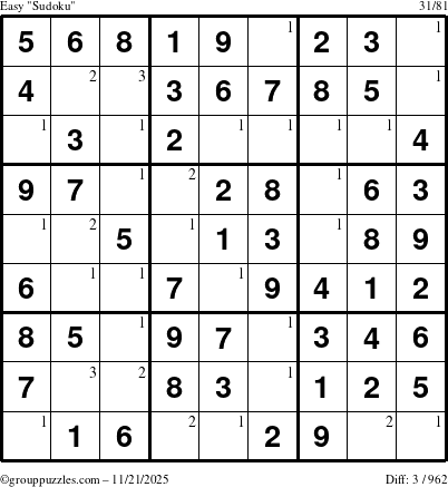 The grouppuzzles.com Easy Sudoku puzzle for Friday November 21, 2025 with the first 3 steps marked