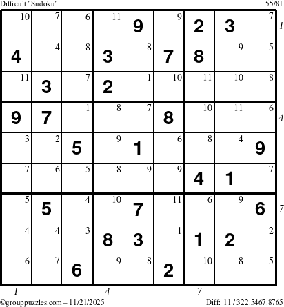 The grouppuzzles.com Difficult Sudoku puzzle for Friday November 21, 2025 with all 11 steps marked
