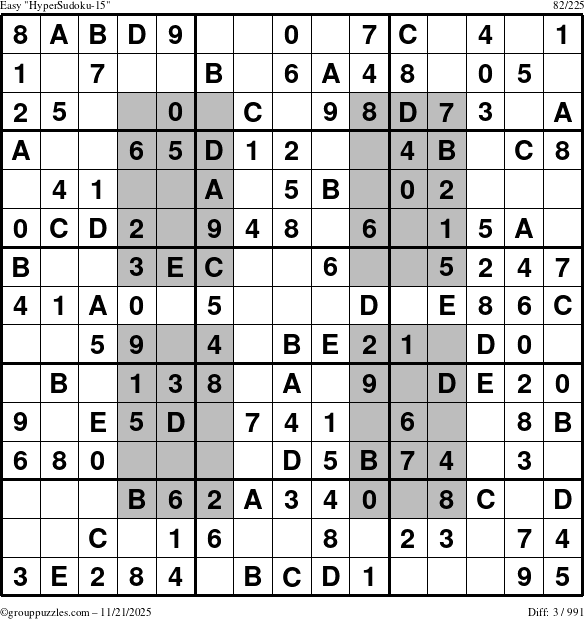 The grouppuzzles.com Easy HyperSudoku-15 puzzle for Friday November 21, 2025