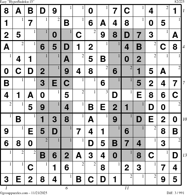 The grouppuzzles.com Easy HyperSudoku-15 puzzle for Friday November 21, 2025, suitable for printing, with all 3 steps marked