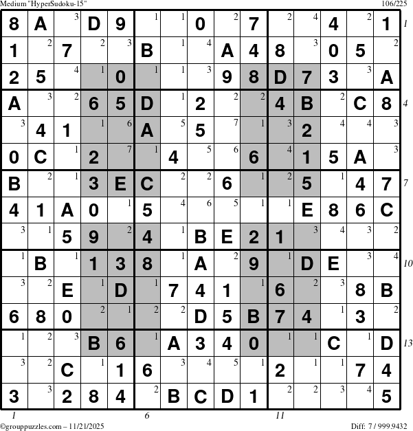 The grouppuzzles.com Medium HyperSudoku-15 puzzle for Friday November 21, 2025 with all 7 steps marked