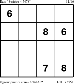 The grouppuzzles.com Easy Sudoku-4-5678 puzzle for Monday June 16, 2025