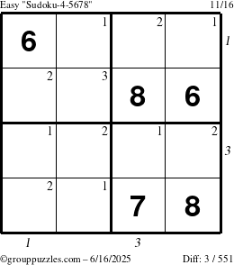 The grouppuzzles.com Easy Sudoku-4-5678 puzzle for Monday June 16, 2025 with all 3 steps marked
