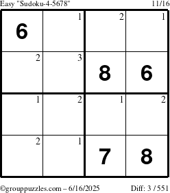 The grouppuzzles.com Easy Sudoku-4-5678 puzzle for Monday June 16, 2025 with the first 3 steps marked