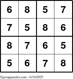 The grouppuzzles.com Answer grid for the Sudoku-4-5678 puzzle for Monday June 16, 2025