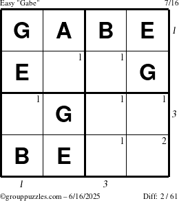 The grouppuzzles.com Easy Gabe puzzle for Monday June 16, 2025 with all 2 steps marked