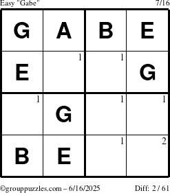 The grouppuzzles.com Easy Gabe puzzle for Monday June 16, 2025 with the first 2 steps marked