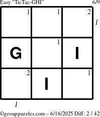The grouppuzzles.com Easy TicTac-GHI puzzle for Monday June 16, 2025 with all 2 steps marked