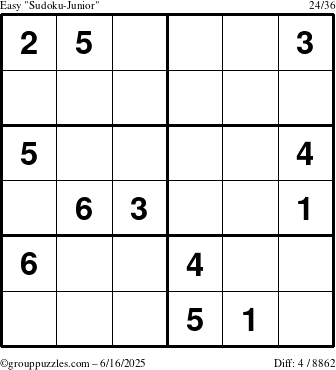 The grouppuzzles.com Easy Sudoku-Junior puzzle for Monday June 16, 2025