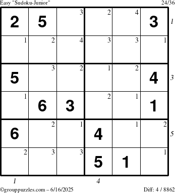The grouppuzzles.com Easy Sudoku-Junior puzzle for Monday June 16, 2025 with all 4 steps marked