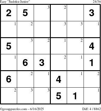 The grouppuzzles.com Easy Sudoku-Junior puzzle for Monday June 16, 2025 with the first 3 steps marked