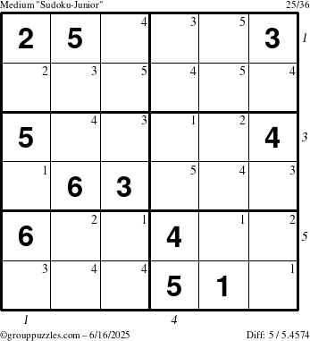 The grouppuzzles.com Medium Sudoku-Junior puzzle for Monday June 16, 2025 with all 5 steps marked