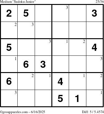The grouppuzzles.com Medium Sudoku-Junior puzzle for Monday June 16, 2025 with the first 3 steps marked