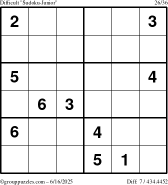 The grouppuzzles.com Difficult Sudoku-Junior puzzle for Monday June 16, 2025
