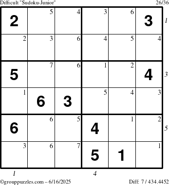 The grouppuzzles.com Difficult Sudoku-Junior puzzle for Monday June 16, 2025 with all 7 steps marked