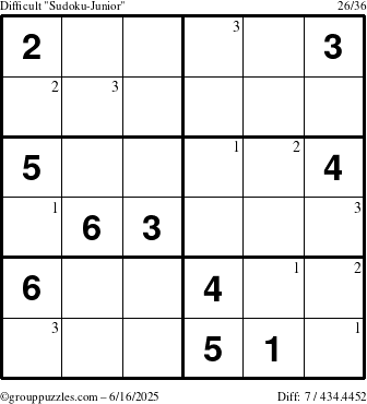 The grouppuzzles.com Difficult Sudoku-Junior puzzle for Monday June 16, 2025 with the first 3 steps marked