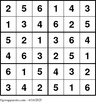 The grouppuzzles.com Answer grid for the Sudoku-Junior puzzle for Monday June 16, 2025