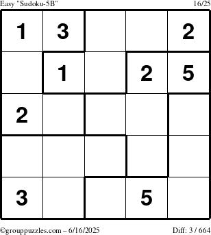 The grouppuzzles.com Easy Sudoku-5B puzzle for Monday June 16, 2025