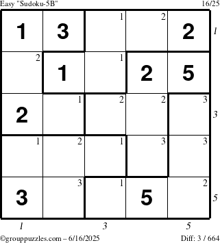 The grouppuzzles.com Easy Sudoku-5B puzzle for Monday June 16, 2025 with all 3 steps marked