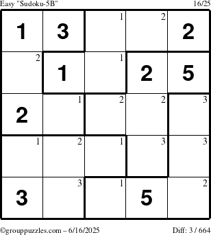 The grouppuzzles.com Easy Sudoku-5B puzzle for Monday June 16, 2025 with the first 3 steps marked