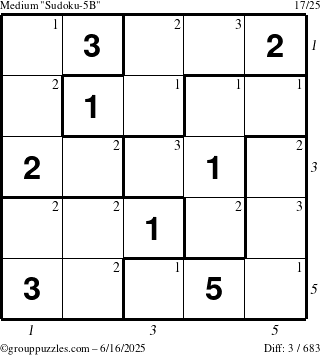 The grouppuzzles.com Medium Sudoku-5B puzzle for Monday June 16, 2025 with all 3 steps marked