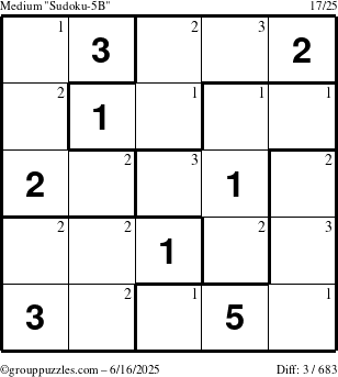 The grouppuzzles.com Medium Sudoku-5B puzzle for Monday June 16, 2025 with the first 3 steps marked