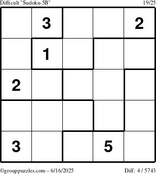The grouppuzzles.com Difficult Sudoku-5B puzzle for Monday June 16, 2025
