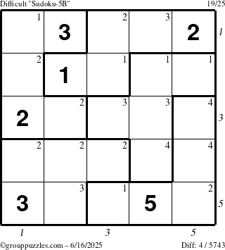 The grouppuzzles.com Difficult Sudoku-5B puzzle for Monday June 16, 2025 with all 4 steps marked
