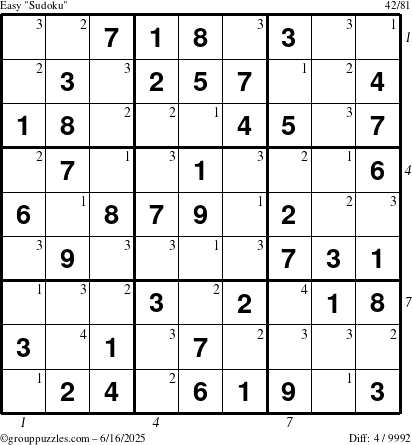 The grouppuzzles.com Easy Sudoku puzzle for Monday June 16, 2025 with all 4 steps marked