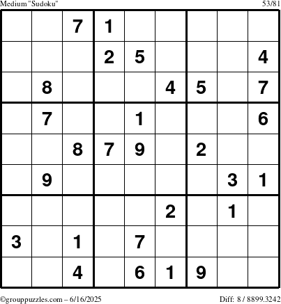 The grouppuzzles.com Medium Sudoku puzzle for Monday June 16, 2025