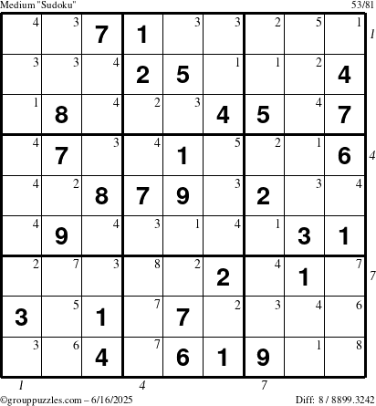 The grouppuzzles.com Medium Sudoku puzzle for Monday June 16, 2025 with all 8 steps marked