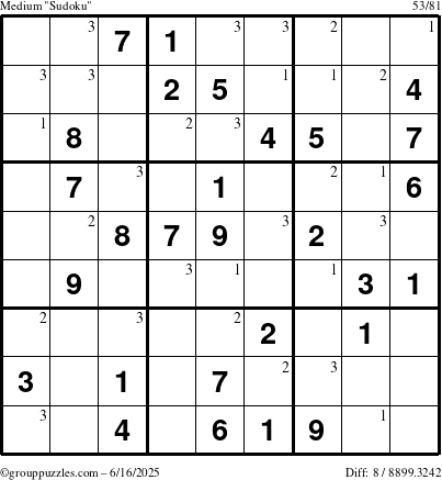 The grouppuzzles.com Medium Sudoku puzzle for Monday June 16, 2025 with the first 3 steps marked