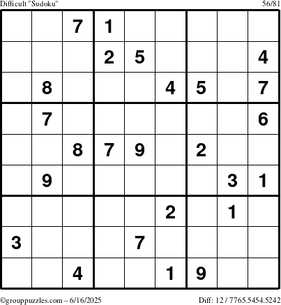 The grouppuzzles.com Difficult Sudoku puzzle for Monday June 16, 2025