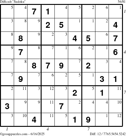 The grouppuzzles.com Difficult Sudoku puzzle for Monday June 16, 2025 with all 12 steps marked