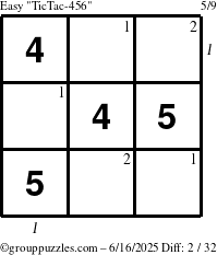 The grouppuzzles.com Easy TicTac-456 puzzle for Monday June 16, 2025 with all 2 steps marked
