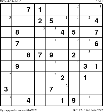 The grouppuzzles.com Difficult Sudoku puzzle for Monday June 16, 2025 with the first 3 steps marked