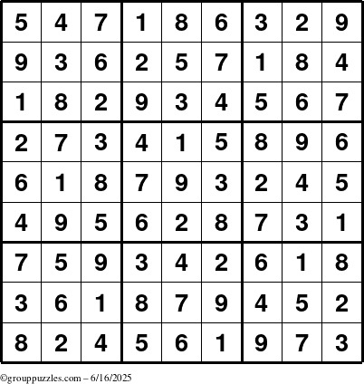 The grouppuzzles.com Answer grid for the Sudoku puzzle for Monday June 16, 2025