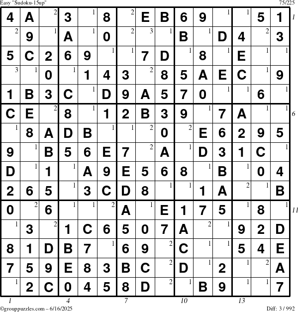 The grouppuzzles.com Easy Sudoku-15up puzzle for Monday June 16, 2025 with all 3 steps marked