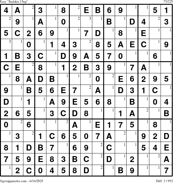 The grouppuzzles.com Easy Sudoku-15up puzzle for Monday June 16, 2025 with the first 3 steps marked