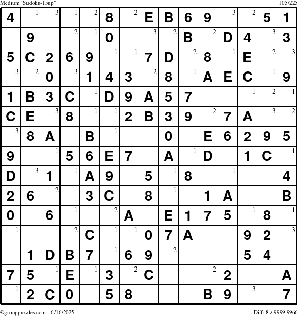 The grouppuzzles.com Medium Sudoku-15up puzzle for Monday June 16, 2025 with the first 3 steps marked