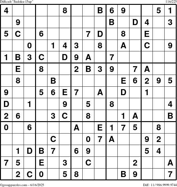 The grouppuzzles.com Difficult Sudoku-15up puzzle for Monday June 16, 2025