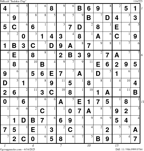 The grouppuzzles.com Difficult Sudoku-15up puzzle for Monday June 16, 2025, suitable for printing, with all 11 steps marked