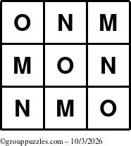 The grouppuzzles.com Answer grid for the TicTac-MNO puzzle for Saturday October 3, 2026