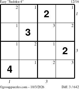 The grouppuzzles.com Easy Sudoku-4 puzzle for Saturday October 3, 2026, suitable for printing, with all 3 steps marked