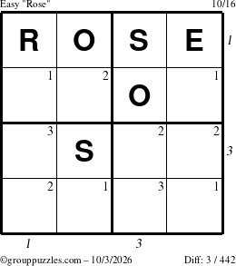 The grouppuzzles.com Easy Rose puzzle for Saturday October 3, 2026, suitable for printing, with all 3 steps marked