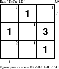 The grouppuzzles.com Easy TicTac-123 puzzle for Saturday October 3, 2026 with all 2 steps marked