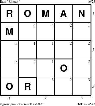 The grouppuzzles.com Easy Roman puzzle for Saturday October 3, 2026 with all 4 steps marked